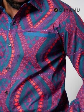D'IYANU Men's African Print Long Sleeve Button Up Shirt Purple Teal XL /M NWT